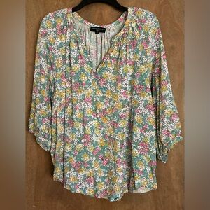 Cynthia Rowley Blouse Women 1x Green Floral Geo Flowy Rayon Hi Lo Cap Sleeve